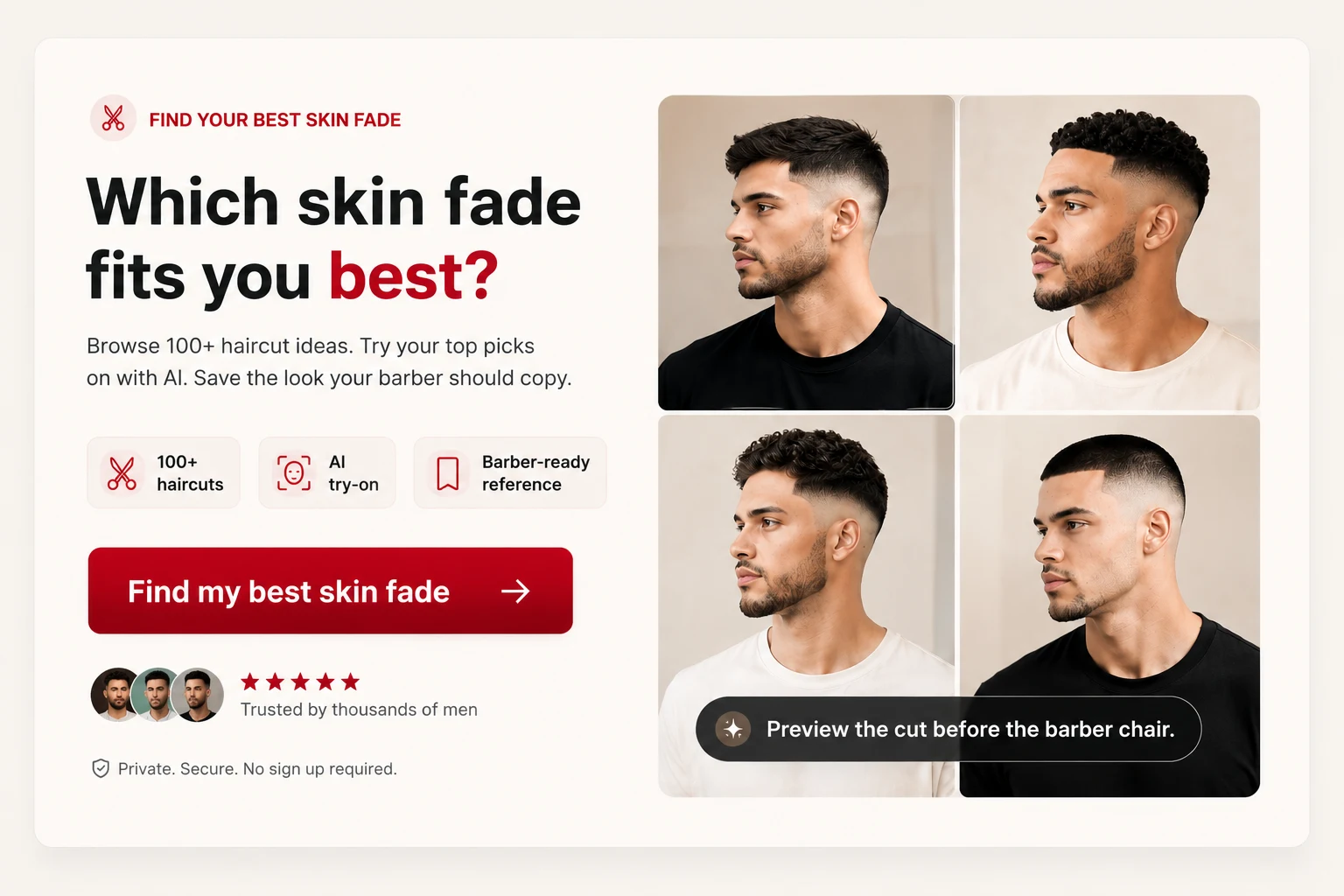 Find your best skin fade. Browse 100+ haircut ideas, try your top picks with AI, and save a barber-ready reference.