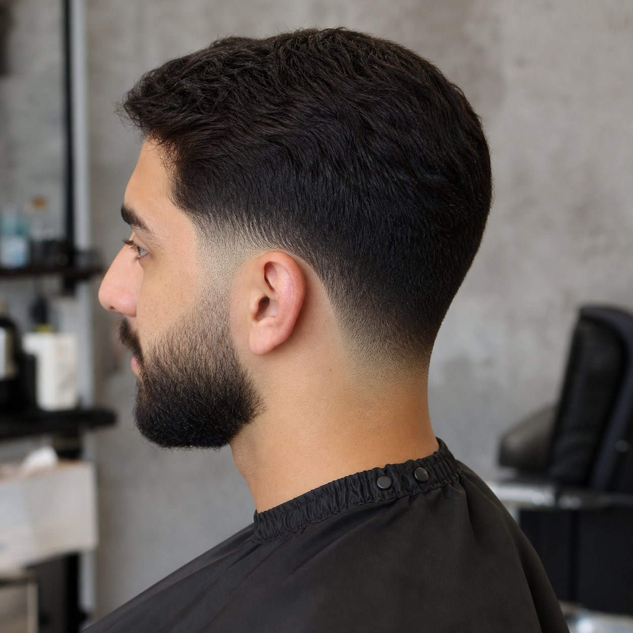 Modest low taper haircut with a soft conservative side blend