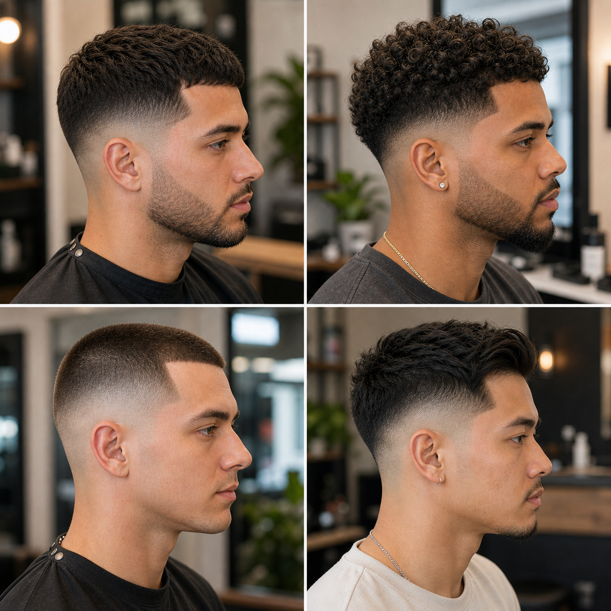 Modern skin fade styles including textured crop, curls, buzz cut, and low fade