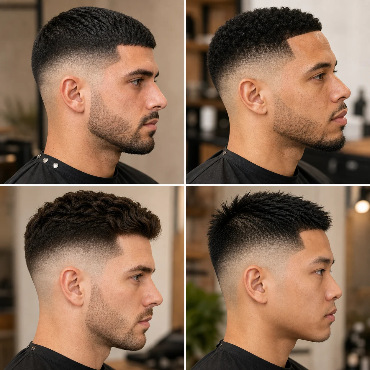Four side-profile examples of skin fade haircuts with different fade heights