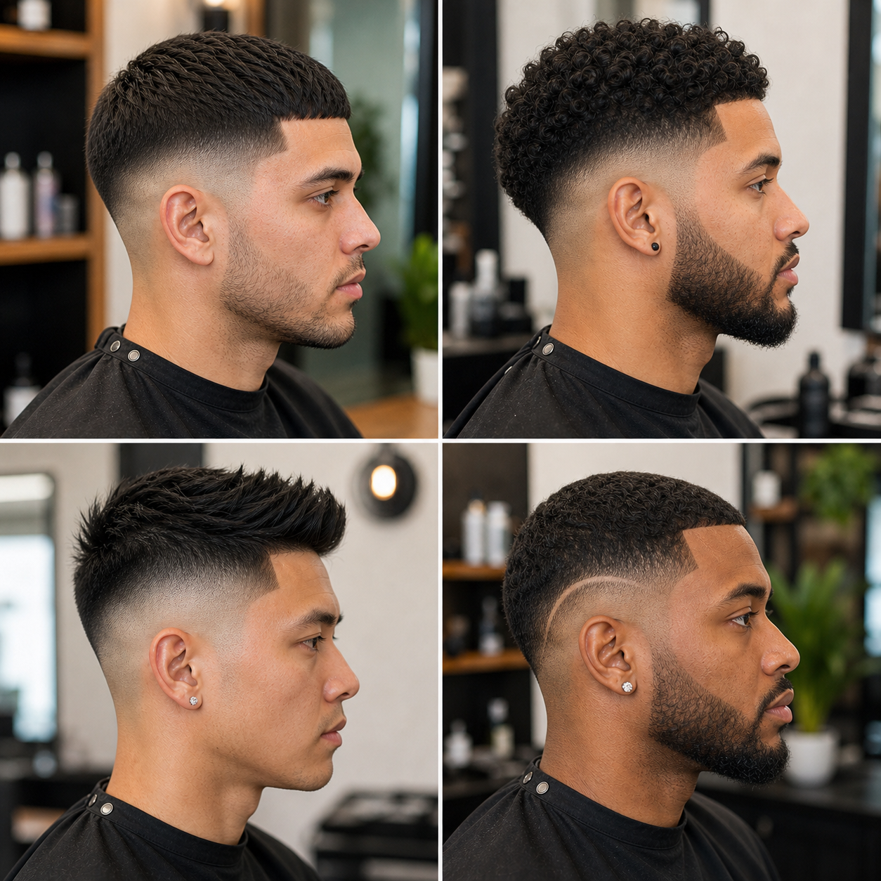 Four side-profile skin fade styles for choosing low, mid, high, or drop skin fade