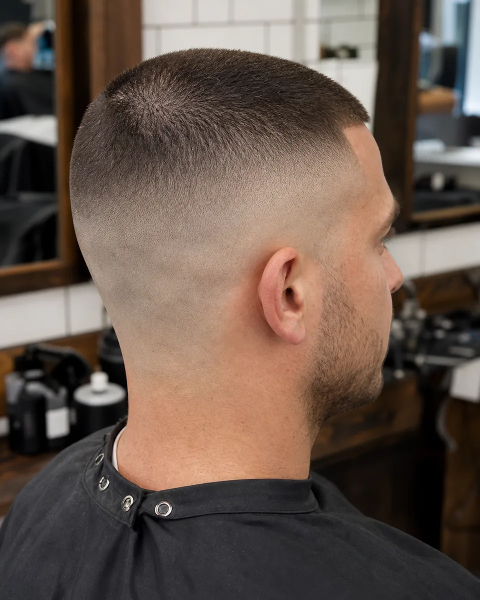 Buzz cut high skin fade with high contrast fade and clean nape