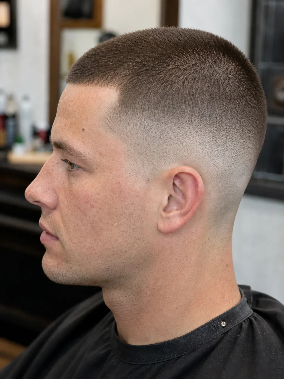 Buzz cut low skin fade haircut with bare skin fade detail above the ear