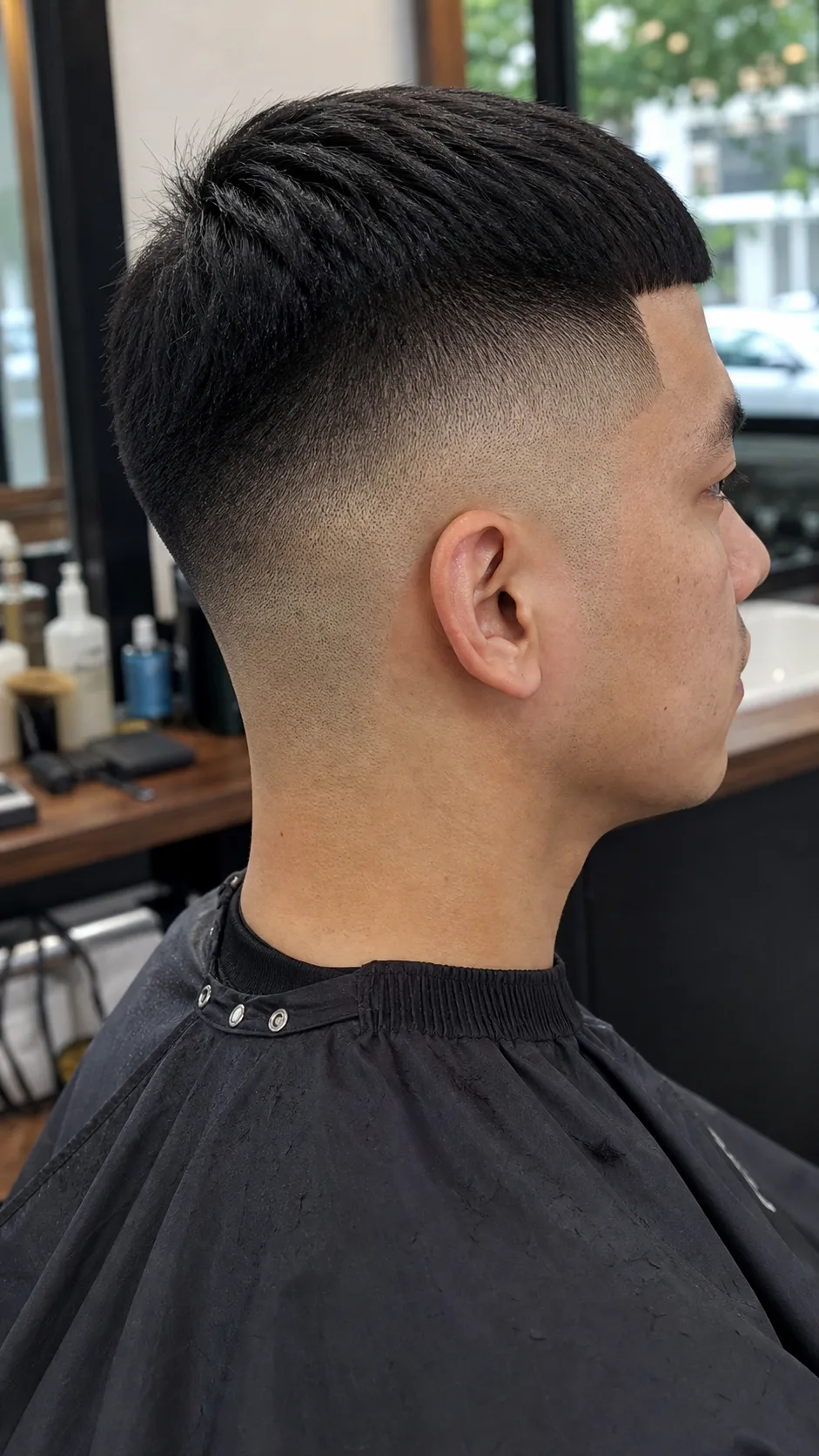 Caesar crop high skin fade with blunt crop edge and high fade gradient