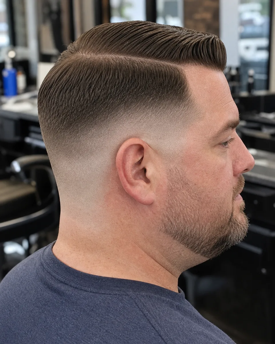 Classic low skin fade side part haircut photographed from a rear side angle