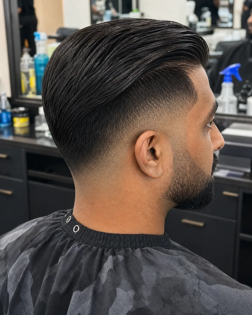 Comb over mid skin fade with side part and clean fade transition