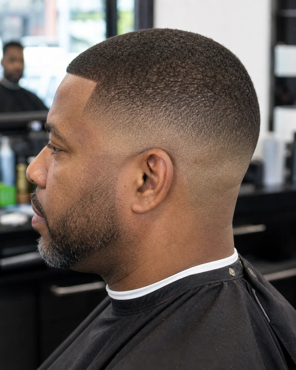 Crew cut low skin fade with lineup and side fade detail