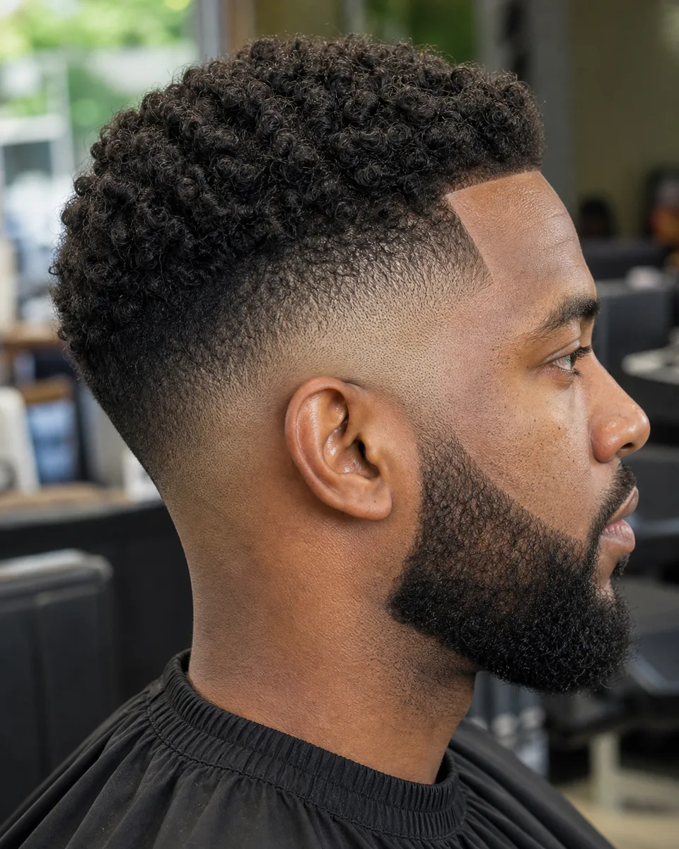 Curly hair high skin fade with beard and sharp temple lineup