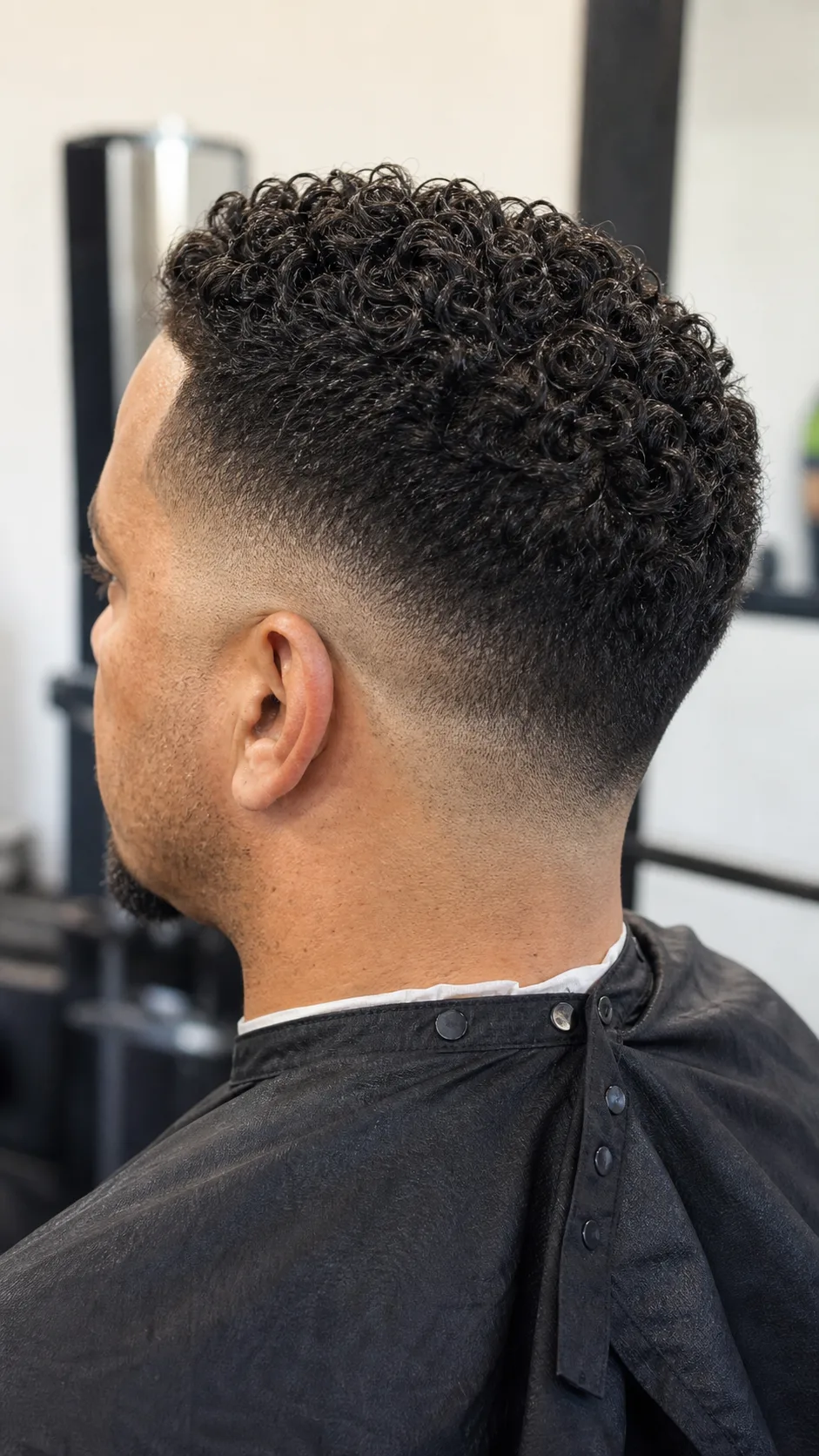 Curly hair low skin fade with side angle focused on the fade gradient