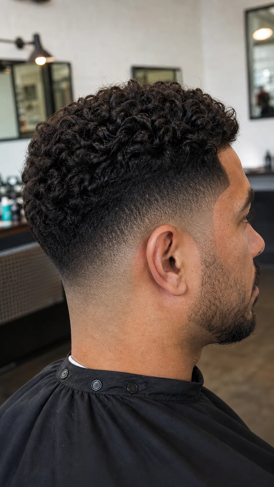Curly top mid skin fade with side profile focused on curls and fade blend