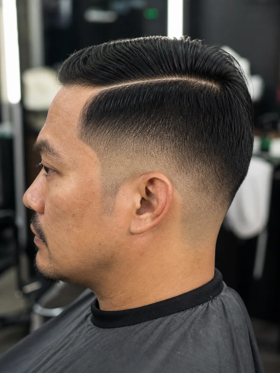 Hard part mid skin fade haircut with temple fade and side part line