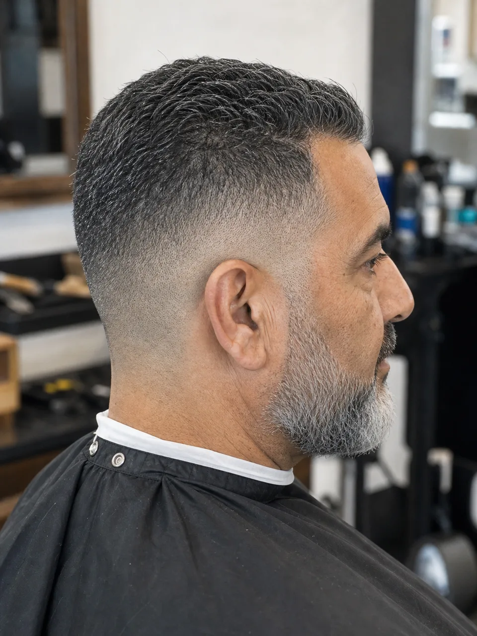 Low skin fade with beard blend on an older man shown from the side