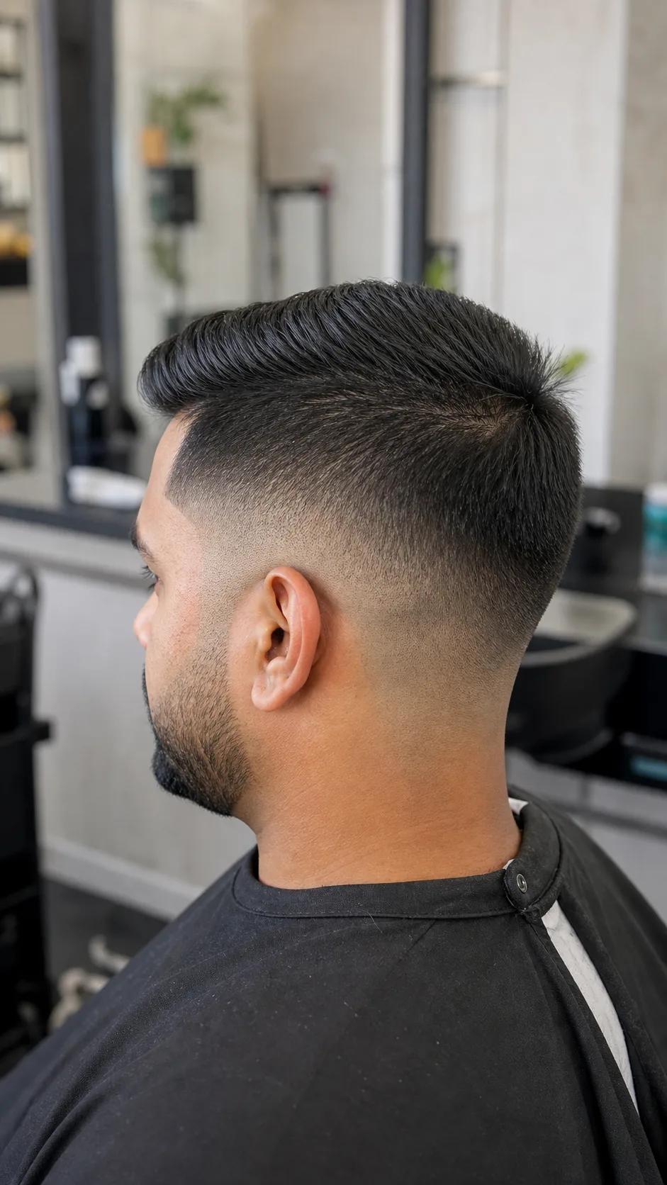 Low skin fade comb over haircut photographed from a rear side angle