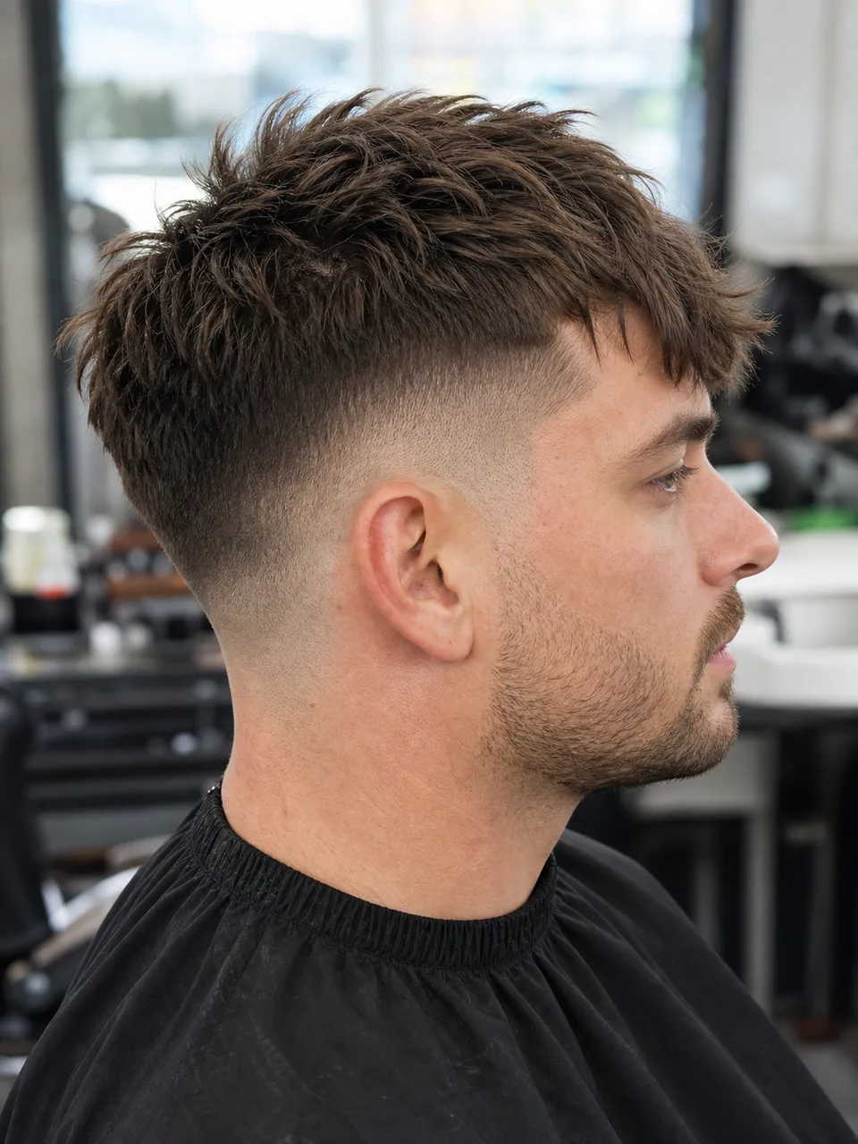 Messy fringe mid skin fade haircut with side fade detail