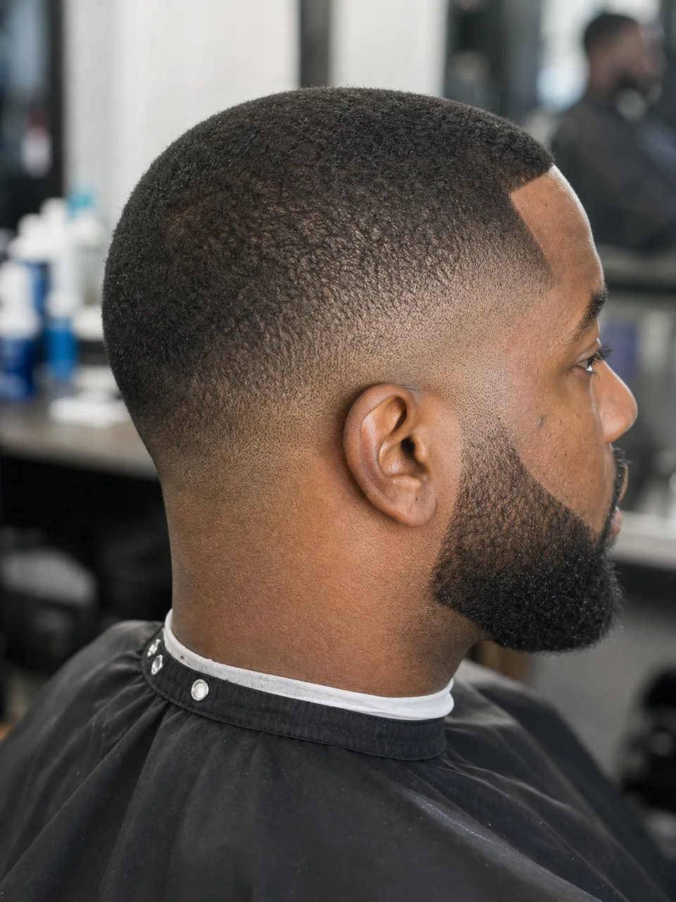 Crew cut mid skin fade with beard blend photographed from the side