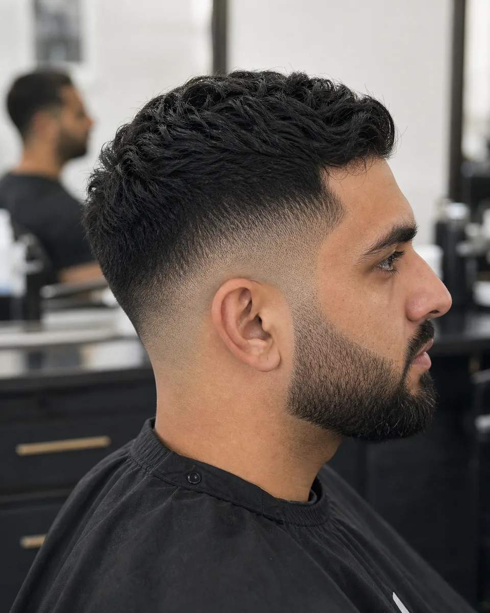 Mid skin fade with short beard connection and temple fade detail