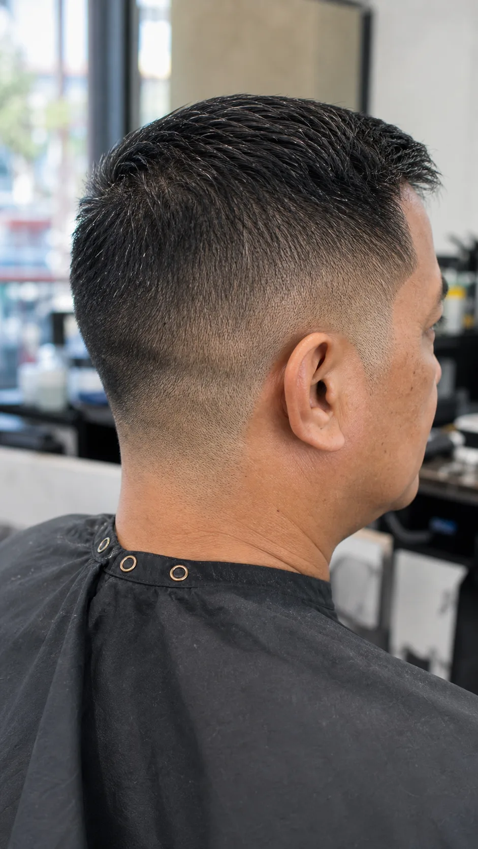 Professional mid skin fade haircut with clean ear outline and neckline