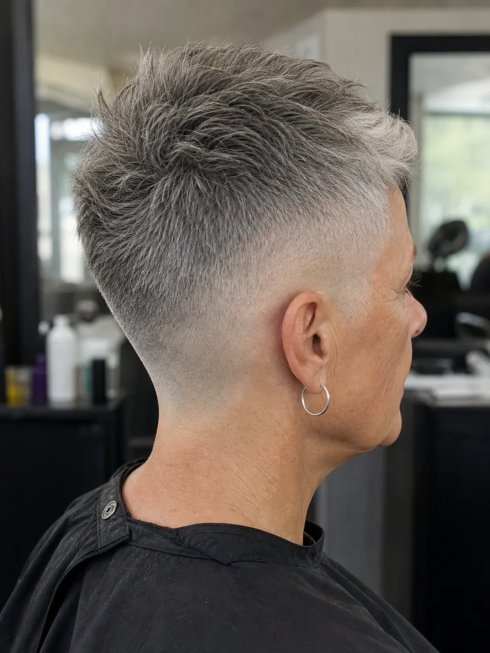 Short gray high skin fade haircut with clean side and nape