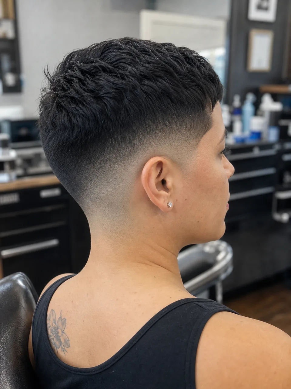 Short low skin fade haircut photographed from the back side to show the neckline