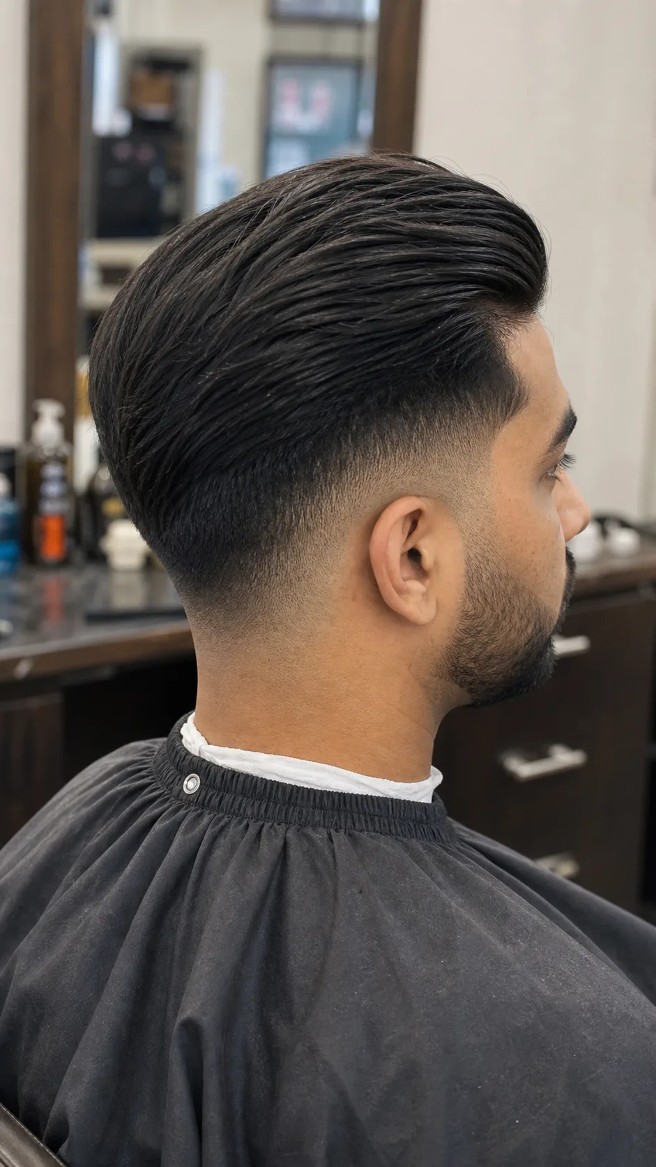 Side swept mid skin fade haircut shown from the rear side