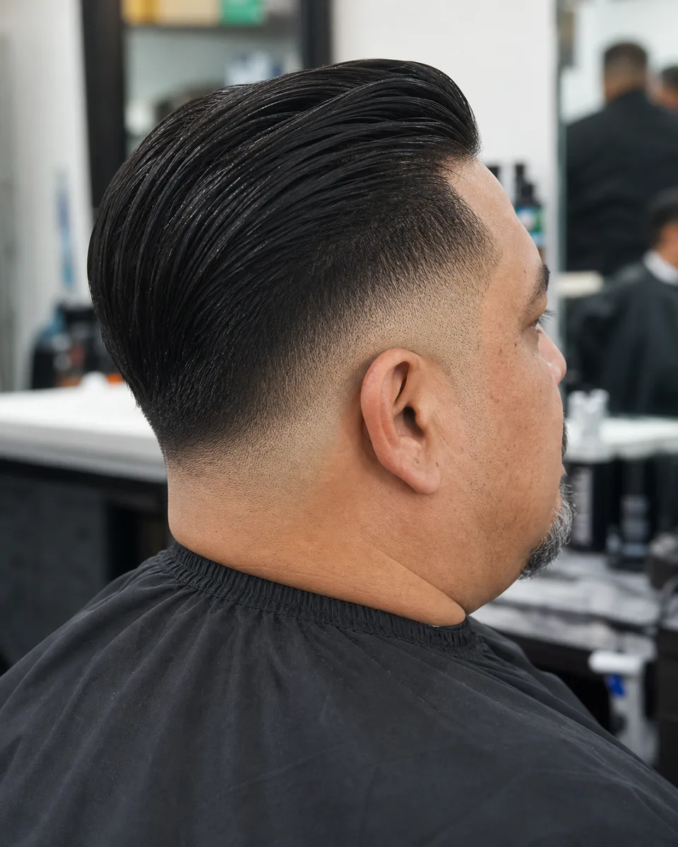 Slicked top mid skin fade photographed from a rear side angle