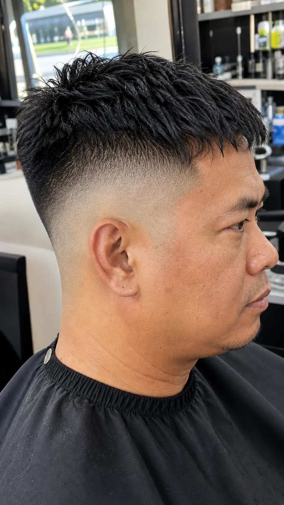 Textured fringe high skin fade photographed from a side profile