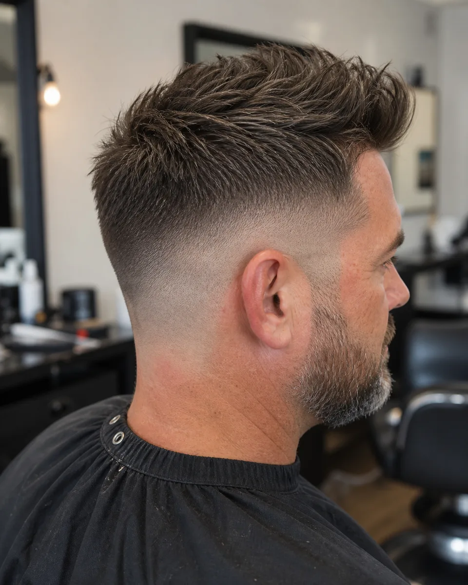 Textured quiff mid skin fade with volume and clear fade gradient