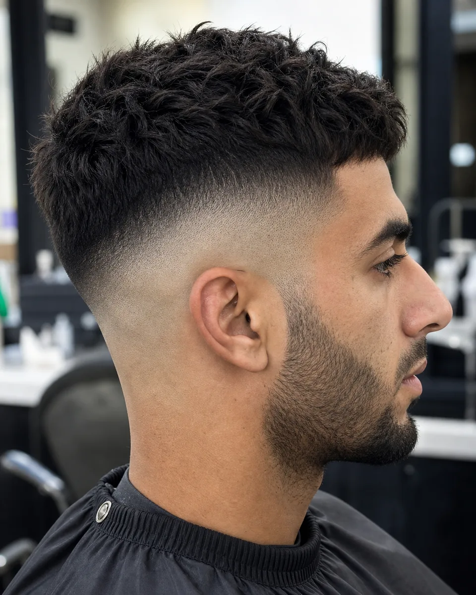 Textured top high skin fade with temple fade detail