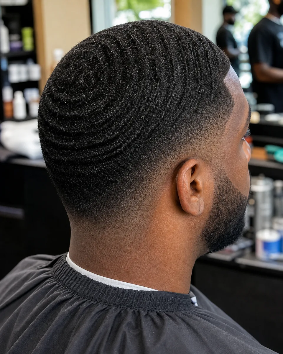 360 waves mid skin fade haircut with crisp lineup detail