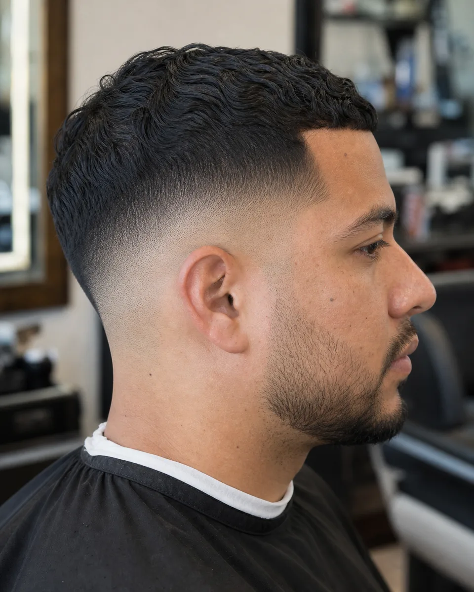 Wavy hair low skin fade haircut with a clear temple fade and neckline